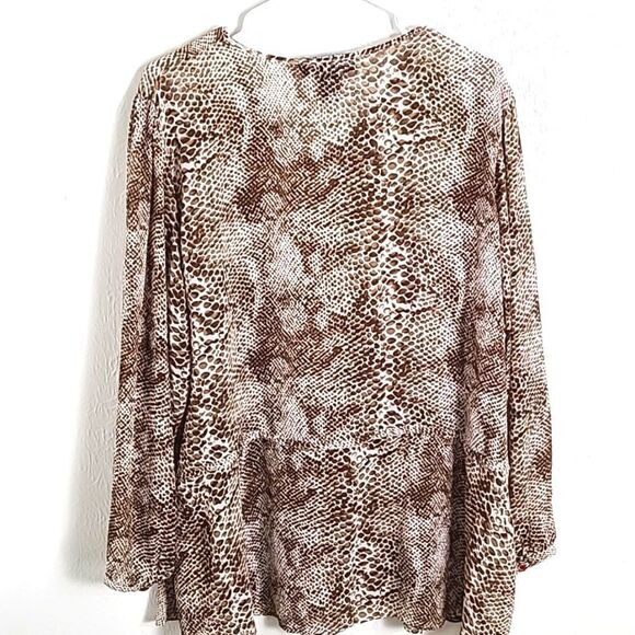 Susan Graver Brown & Beige Print Sheer Blouse, Elastic Tie Waist, Size 2X - Picture 8 of 10